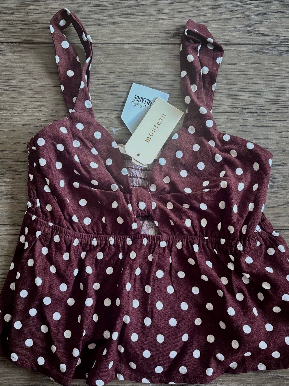 NWT Monteau Brown and White Polka Dot Peplum Top